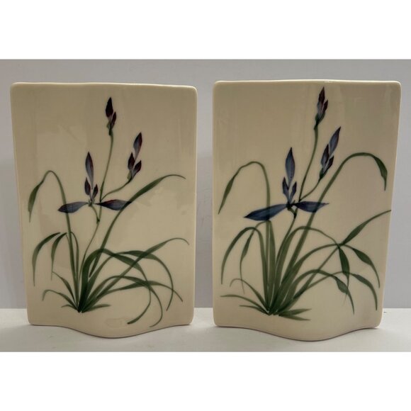 Hand-Painted Pottery Vases Floral Iris Botanical Signed Unique Shape Blue Green - Picture 2 of 6